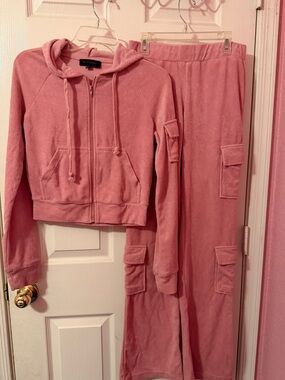 No Vacancy Rose Pink Cargo Velour Hoodie and Pants Set Size S